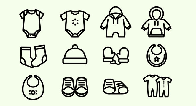 Collection of baby clothing icons bodysuits socks hats mittens and more