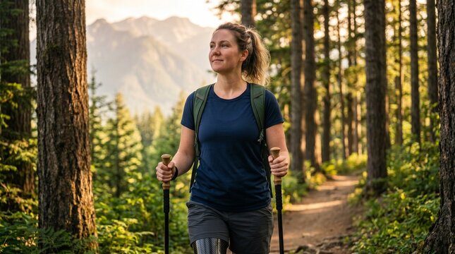 Woman with prosthetic leg hiking on mountain trail in sunny forest