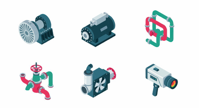 Set of industrial equipment and machinery icons isometric view.