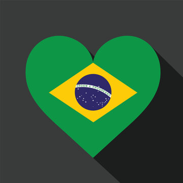 Brazil flag in heart shape with long shadow. Flat vector illustration of Brazilian national symbol for love, pride, travel, and soccer sports fans.