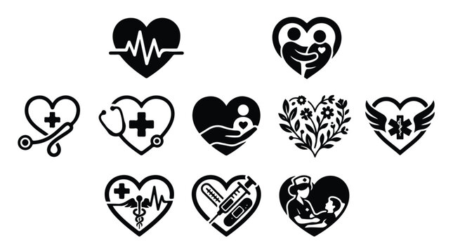 Collection of black and white heart icons with various medical and healthcare symbols on a plain white background.