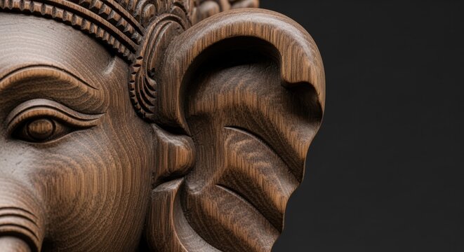 Intricate wooden carving of Ganesha's face, showcasing detailed craftsmanship and texture