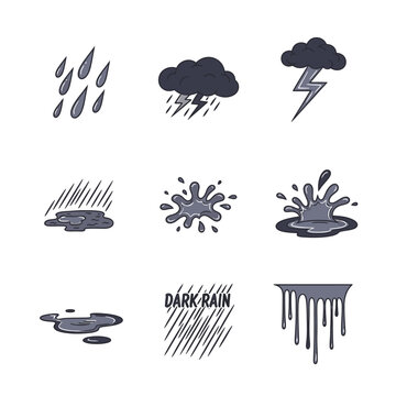 Weather icons illustrations of rain thunderstorms and water splashes