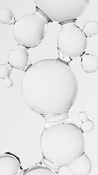 Abstract animation of transparent cosmetic gel bubbles with molecule structure and collagen texture. Skincare beauty concept for face care, hermosur peptido serum and clean liquid gel background.