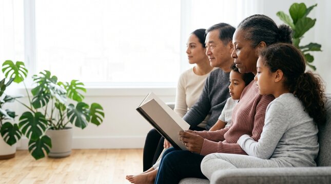 Diverse multi-generational family reading a book on a sofa in a bright living room