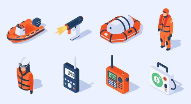 Collection of rescue equipment and personnel isometric icons.