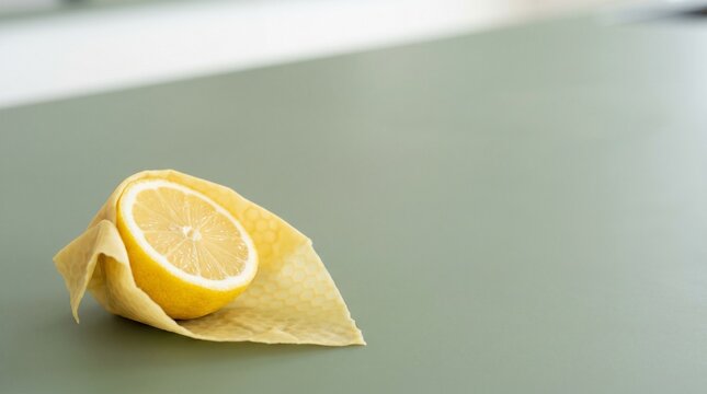 Fresh lemon wrapped in reusable beeswax food wrap on green background.