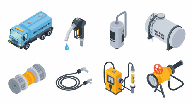 Collection of industrial equipment and tools isometric icons.