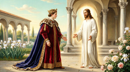 Naklejka premium Christ blesses the rich young ruler, revealing that true wealth lies in faith.