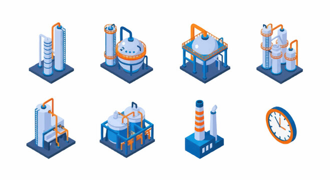 Industrial factory equipment and clock isometric illustration set.