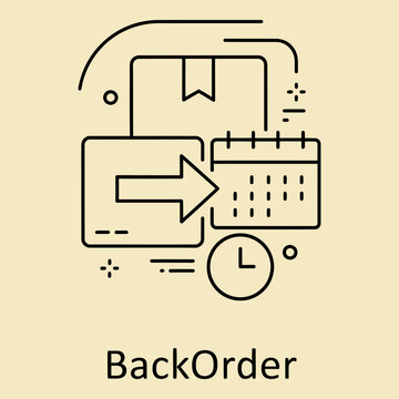 A minimalist line representing a backorder concept, featuring a package, a calendar, and a clock to symbolize delayed shipping and logistics management in a modern business context