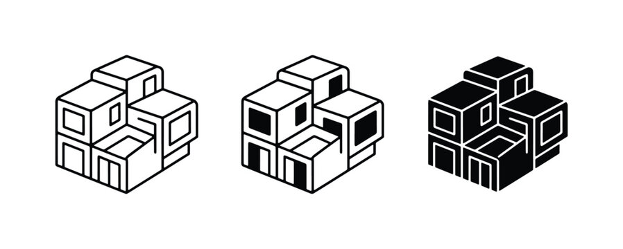 Modular Building Blocks, Abstract Architecture Icons, Geometric Structure Design