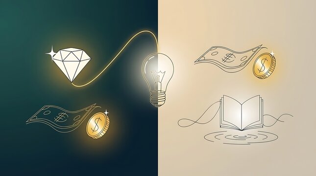 Financial investment and education line icons with glowing minimalist business illustration
