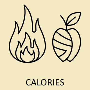 A minimalist line representing calorie burning, featuring a flame symbol next to a stylized apple with the word calories written below on a light beige background
