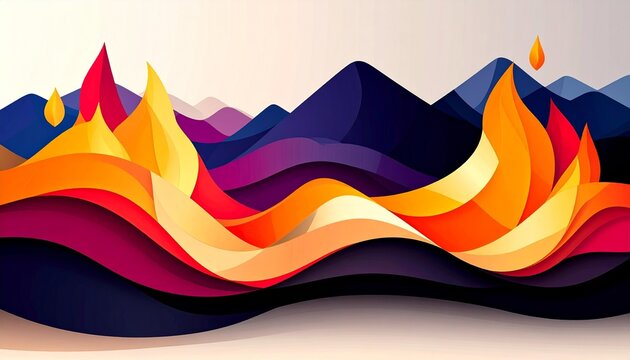 Abstract geometric flames in vibrant colors over mountain silhouette at dusk