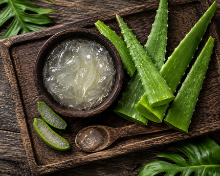 Fresh aloe vera gel in wooden bowl with leaves and spoon on rustic table