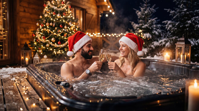 Beautiful woman and man with santa hat relaxing in jacuzzi with champagne concept. Couple enjoying a cozy Christmas spa experience in the snow.