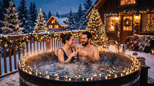 Beautiful woman and man with santa hat relaxing in jacuzzi with champagne concept. Couple enjoying a cozy hot tub under winter holiday lights.