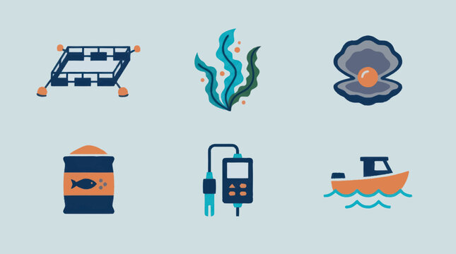Collection of marine industry and aquaculture icons.