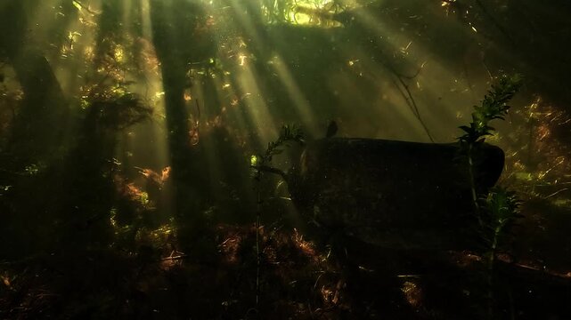 Low angle warm color view of a wels catfish - Silurus glanis - hiding in shadow under submerged branches and aquatic plants in dramatic freshwater light.