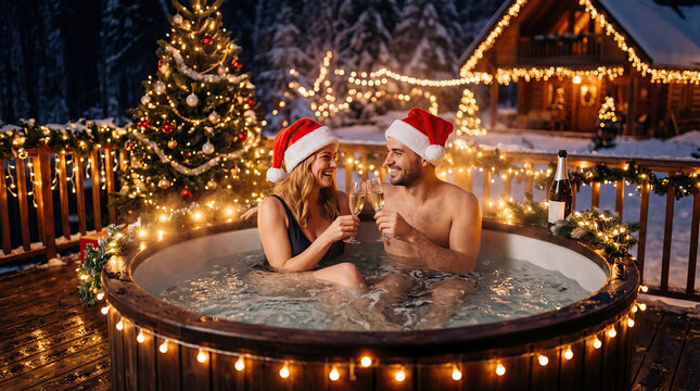 Beautiful woman and man with santa hat relaxing in jacuzzi with champagne concept. Couple enjoying a festive hot tub experience during winter.