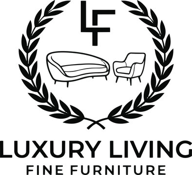 Luxury Living Fine Furniture logo, elegant black and white vector emblem with sofa and armchair, premium interior design brand identity with laurel wreath