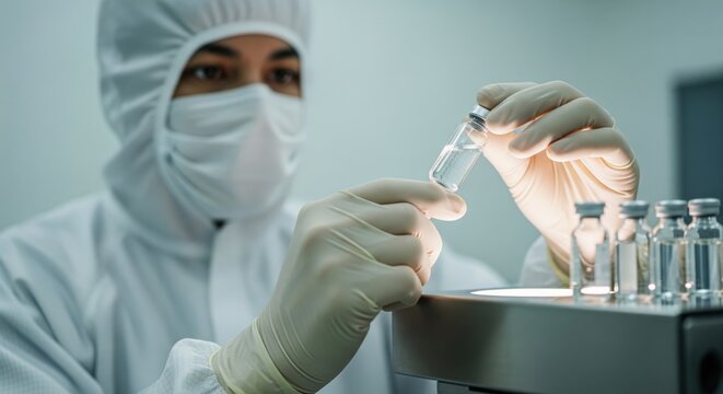 Gloved pharma worker visually inspects generic medicine vial under bright light during sterile pharmaceutical manufacturing verification workflow.