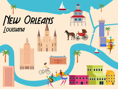New Orleans Louisiana map jazz mardi gras cultural landmark illustration city map, usa mississippi symbol festival