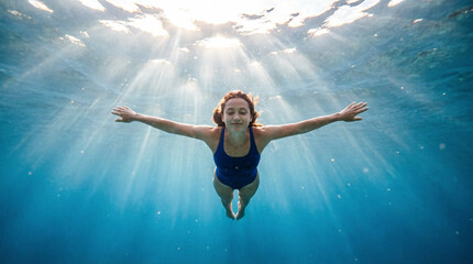 Fototapeta premium A graceful swimmer glides through crystal blue water beneath radiant sunlight.
