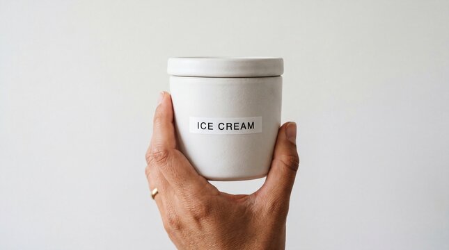 Hand holding a tub of vanilla ice cream