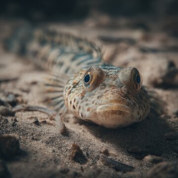 Close-up of a camouflaged mudskipper on sandy seabed