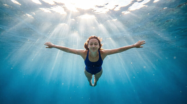 A graceful swimmer glides through crystal blue water beneath radiant sunlight.