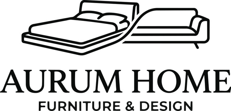 Minimalist furniture logo for Aurum Home, modern line art bed and sofa icon, elegant interior design branding vector, black and white home decor emblem