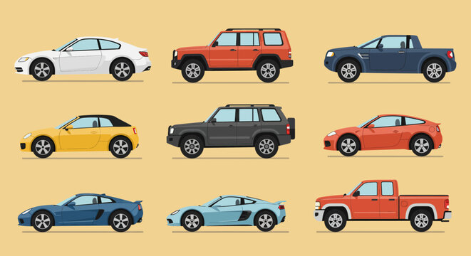 Collection of Diverse Cars and Trucks Displayed in a Grid.