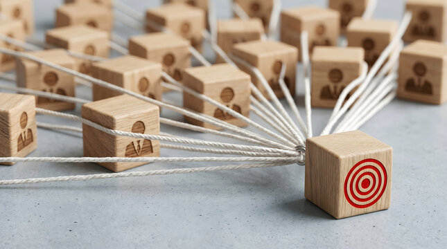 Multiple strings pull from different directions to converge on a single red target block. The concept highlights collective effort and focus on a common goal.