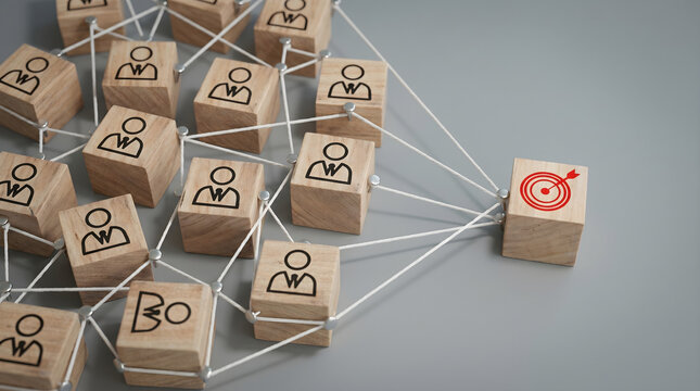 White strings connect several wooden blocks with professional icons to a central red target. This layout represents a team unified by a singular objective.