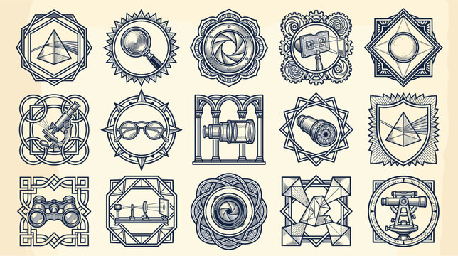 Elegant collection of intricate vintage-style symbols and emblems for logos, badges, and heraldic designs with detailed line art.