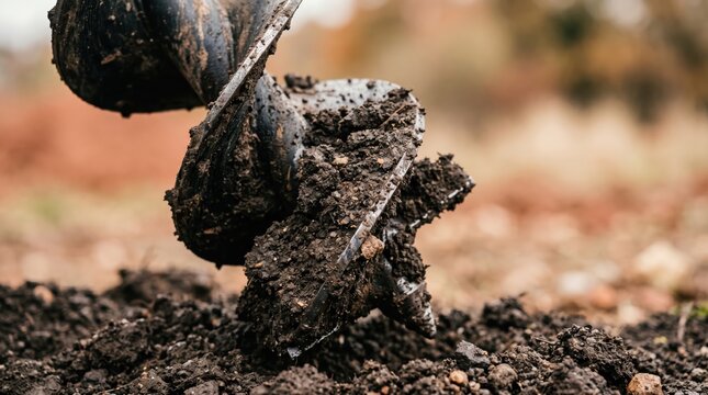 Earth auger drilling soil in outdoor garden ground