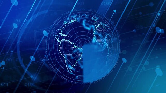Blue color radar screen with digital world map animated stock video.