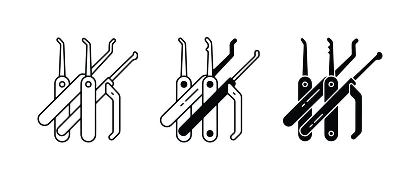 Lock Picking Tools Set, Security Bypass Icons, Professional Locksmith Equipment Vector Graphics