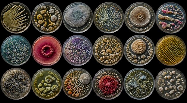 Set of colorful bacteria and mold colonies growing in petri dishes, microbiology science concept art