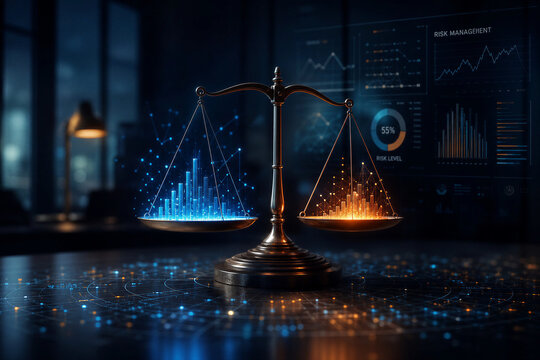 Financial Risk Management Concept with Scales Balancing Digital Data and Market Analytics, Futuristic Business Technology for Investment Assessment and Corporate Compliance