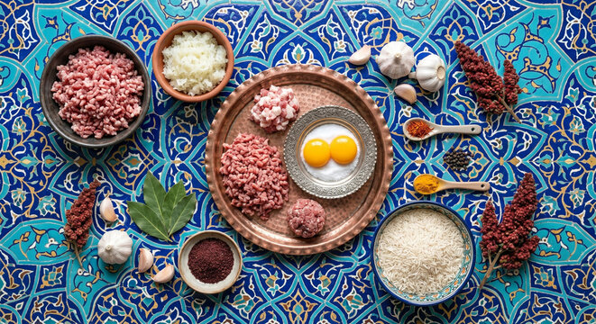 Hyper-realistic flat lay of Chelo Kebab ingredients on intricate Isfahan blue tile