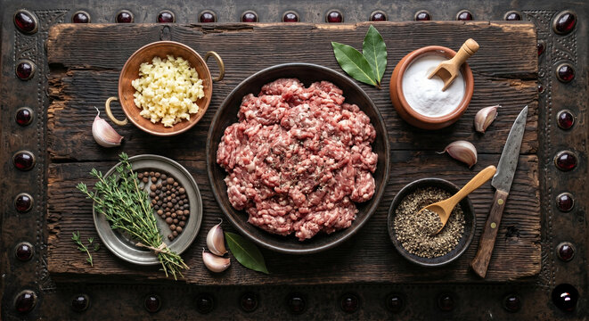 Overhead flat lay of Mici sausage ingredients on rough Carpathian spruce wood