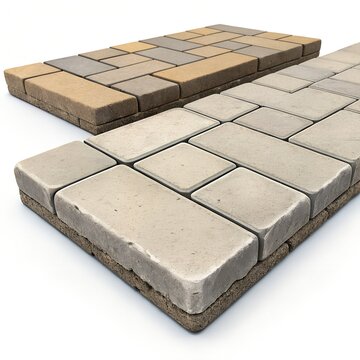 Two samples of interlocking concrete paving stones on a white background.