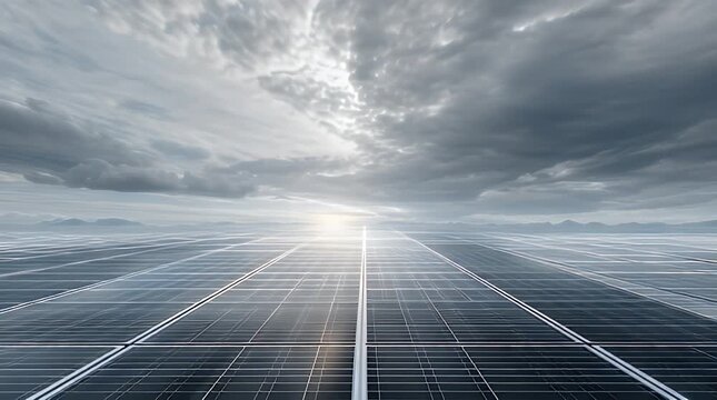 Solar Panels Under Soft Moving Clouds With Expansive Sky