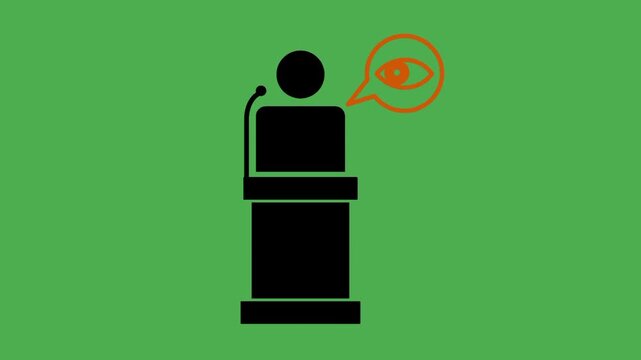 Court witness standing on testimony platform with observation and communication symbol for legal hearing concept