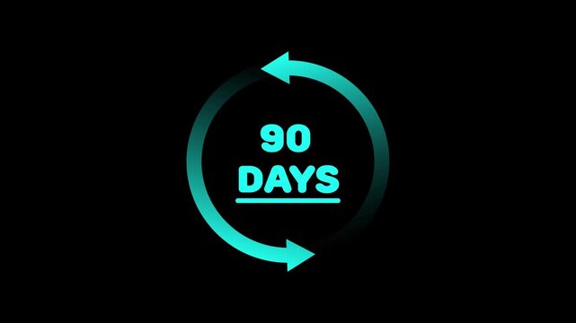 90 days text icon with arrow animation isolated on black background