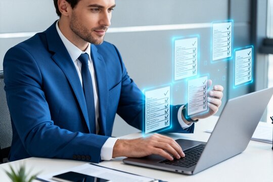 Businessman using laptop with digital checklists