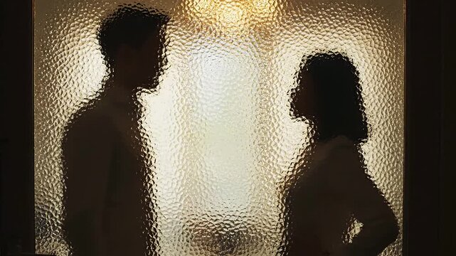 Couple Arguing Silhouettes Through Frosted Glass